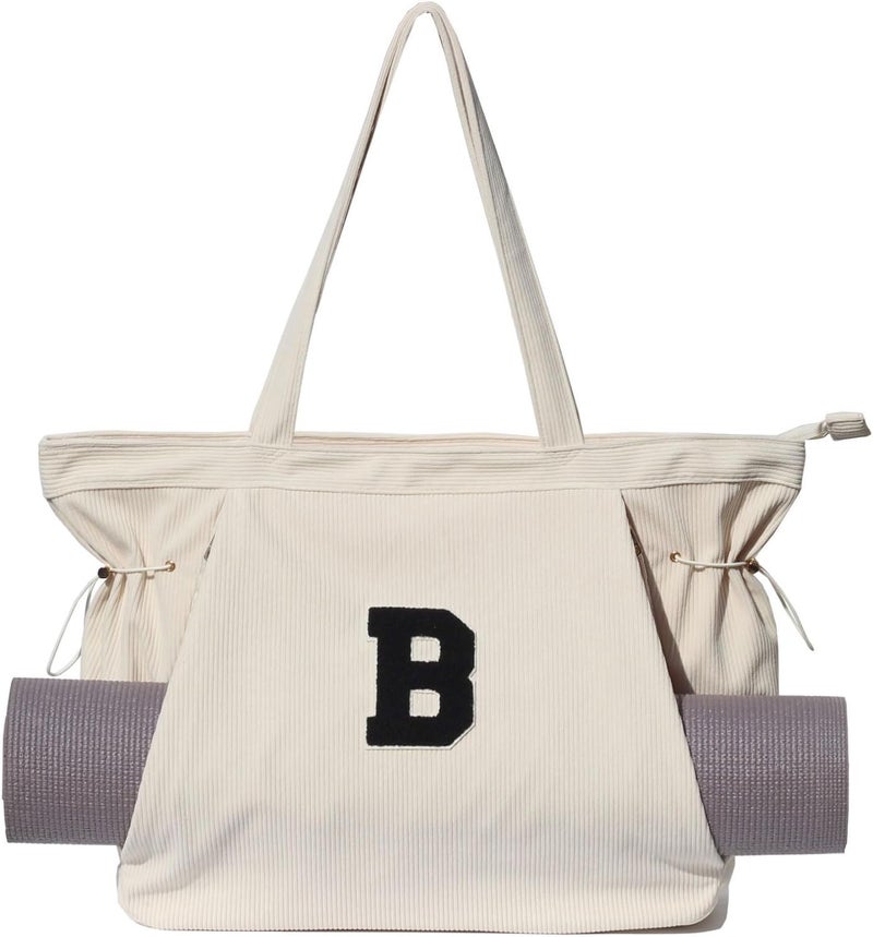 ESVAN Corduroy Yoga Tote Bag Gifts for Women Drawstring Yoga Mat Bag for Office Workout Travel Carryall Pilates Gym - Image 1